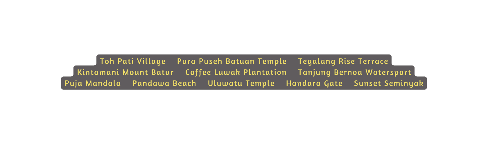 Toh Pati Village Pura Puseh Batuan Temple Tegalang Rise Terrace Kintamani Mount Batur Coffee Luwak Plantation Tanjung Bernoa Watersport Puja Mandala Pandawa Beach Uluwatu Temple Handara Gate Sunset Seminyak