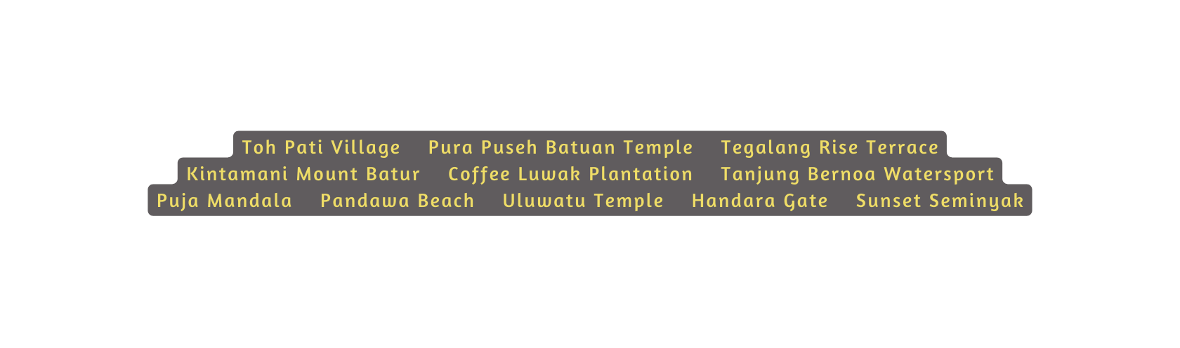 Toh Pati Village Pura Puseh Batuan Temple Tegalang Rise Terrace Kintamani Mount Batur Coffee Luwak Plantation Tanjung Bernoa Watersport Puja Mandala Pandawa Beach Uluwatu Temple Handara Gate Sunset Seminyak